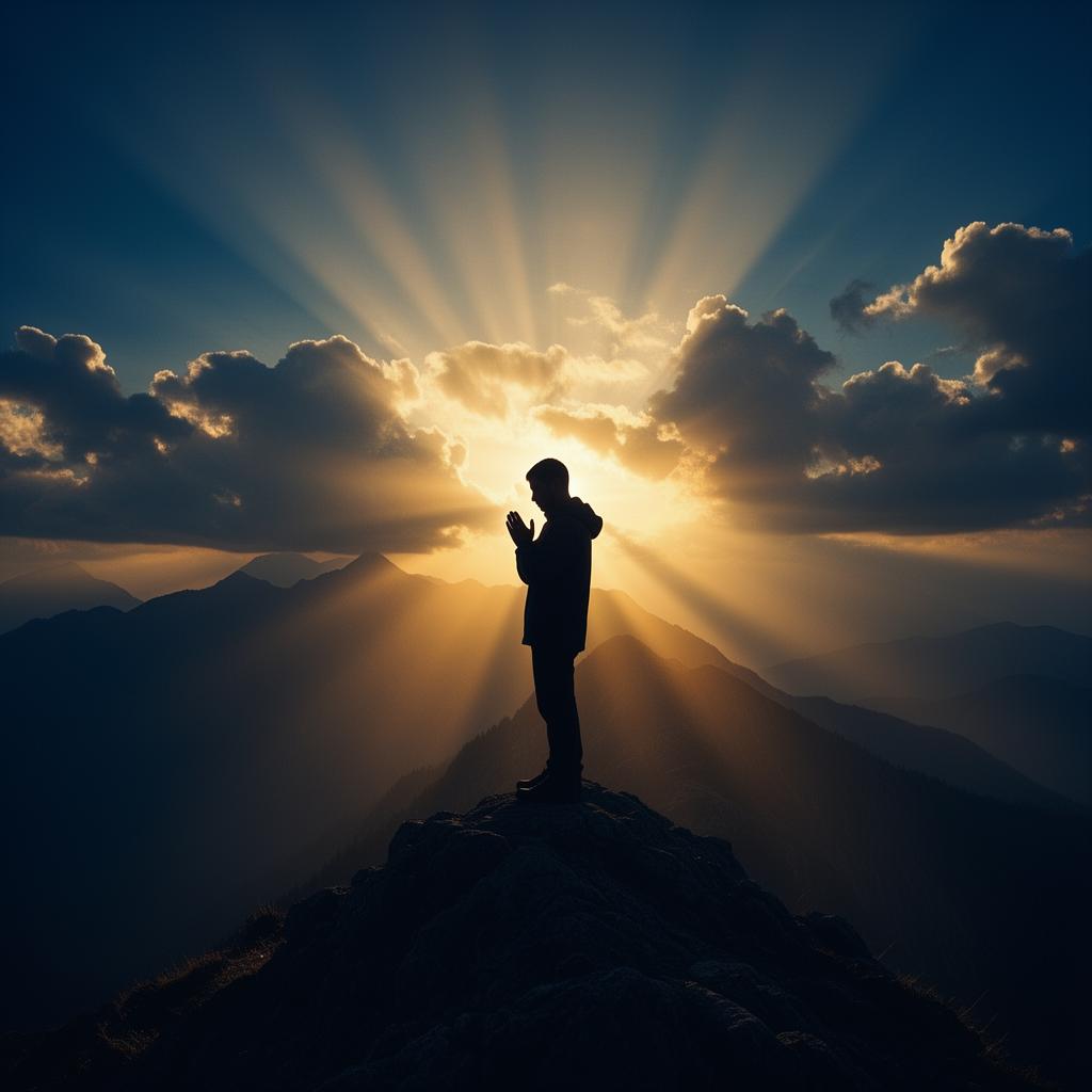 Pessoa orando ao nascer do sol com raios de luz divina